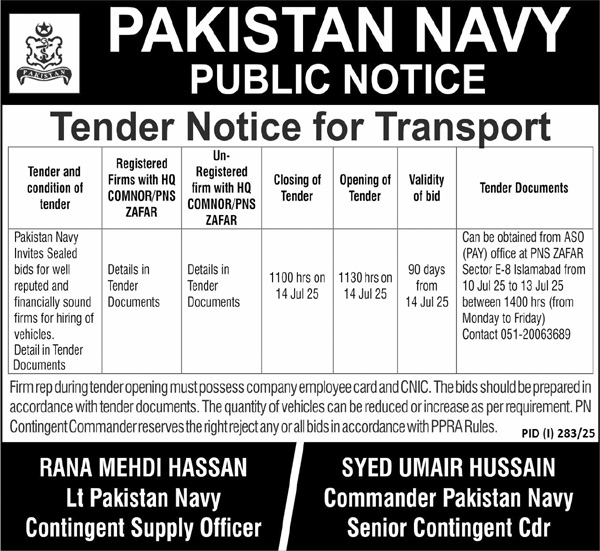 Pakistan Navy Tender Notice